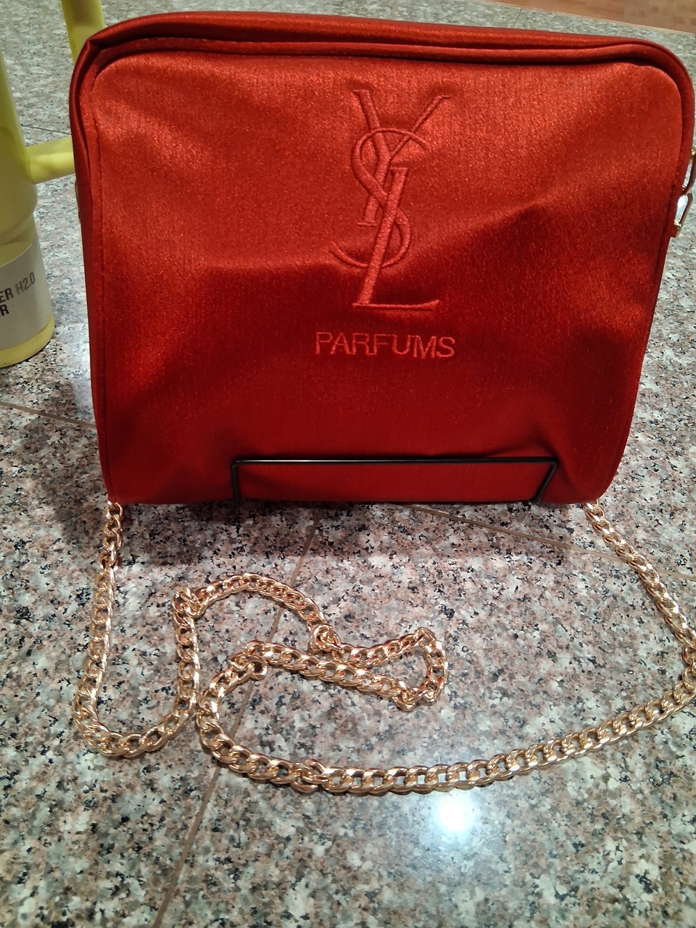 Yves Saint Laurent GWP Parfums Red Satin Crossbody Bag with Gold Chain.Brand New